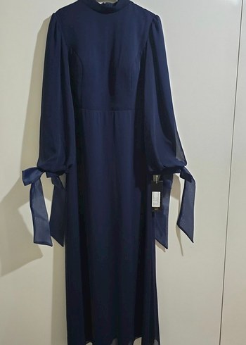 Uzun Lacivert Drapeli Kadın Elbise kemerı de var - Görsel 2