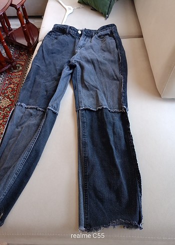 Kadın Gri Mavi Bol Kesim Midi Kot Pantolon