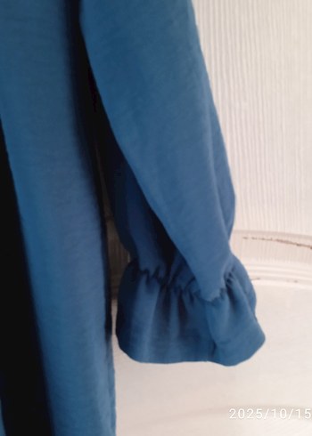 Mavi Keten Midi Tunik, Fırfırlı, Salaş Kesim - Görsel 8