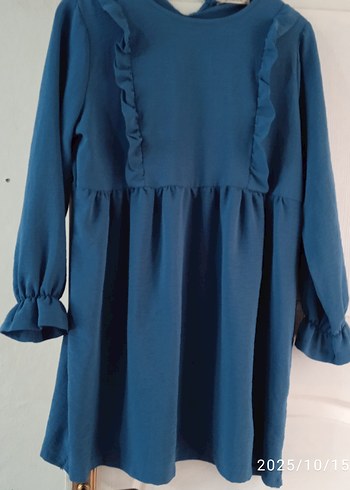 Mavi Keten Midi Tunik, Fırfırlı, Salaş Kesim - Görsel 7