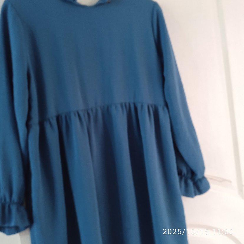 Mavi Keten Midi Tunik, Fırfırlı, Salaş Kesim - Görsel 3