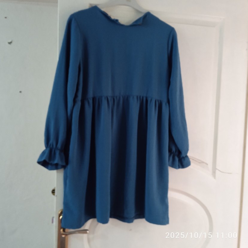 Mavi Keten Midi Tunik, Fırfırlı, Salaş Kesim - Görsel 4