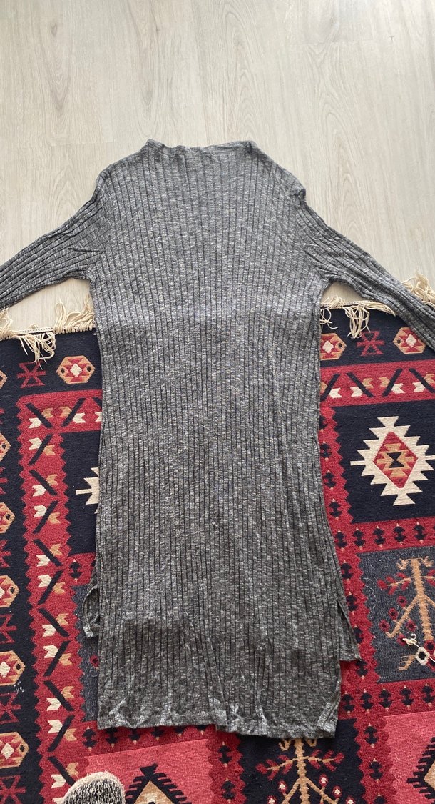 Gri Uzun Kollu Bohem Triko Tunik Elbise - Görsel 2