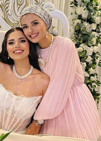 Pudra Pileli Uzun Straplez Bohem Nişan Elbisesi