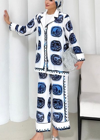 Mavi Batik Desenli Bol Kesim Kadın Takım