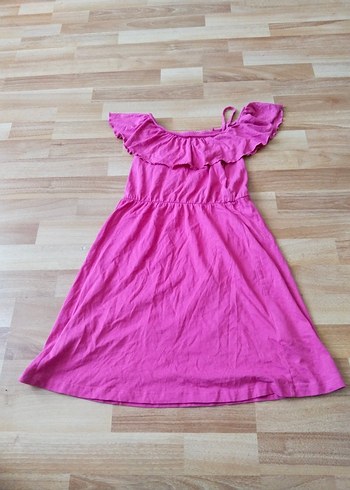Kız Çocuk Pembe Keten Volanlı Elbise