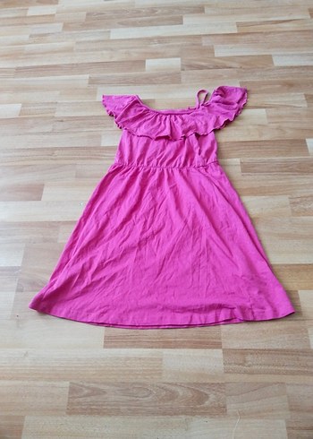 Kız Çocuk Pembe Keten Volanlı Elbise - Görsel 4