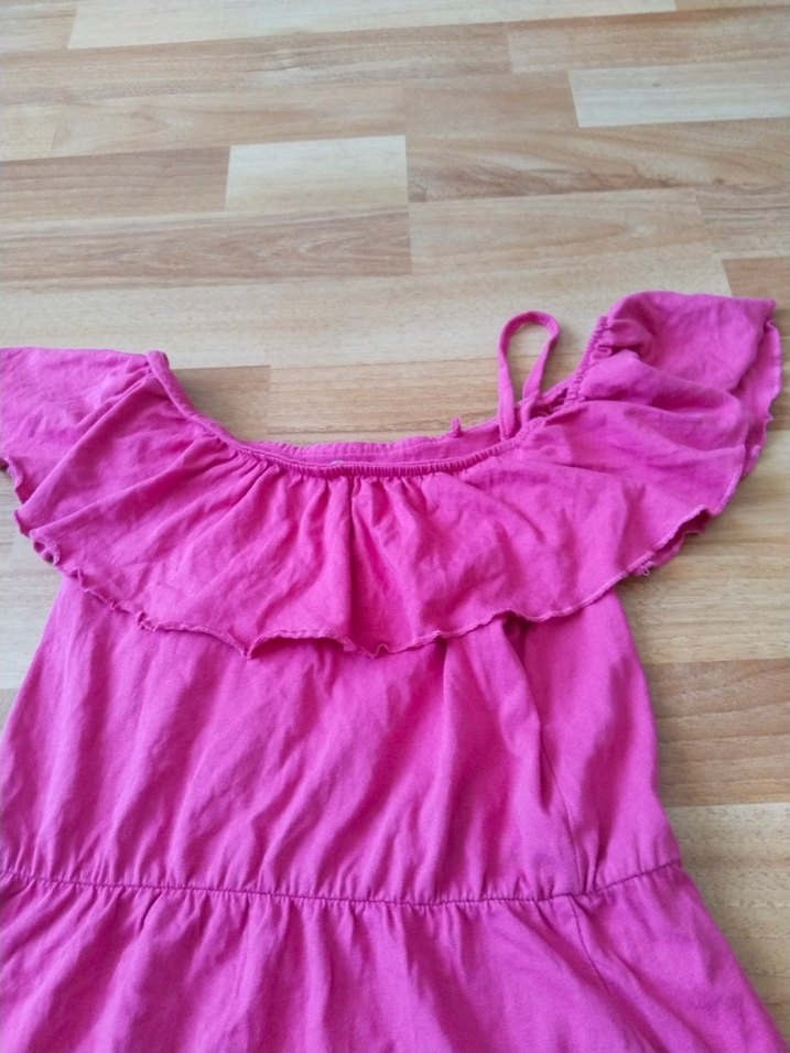 Kız Çocuk Pembe Keten Volanlı Elbise - Görsel 3