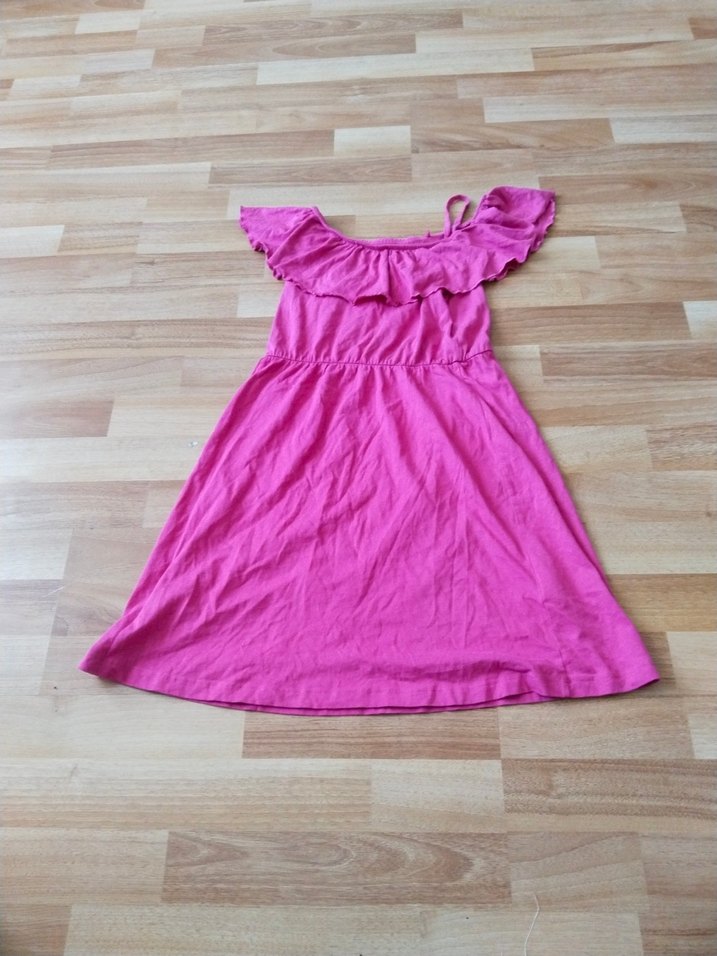 Kız Çocuk Pembe Keten Volanlı Elbise - Görsel 4