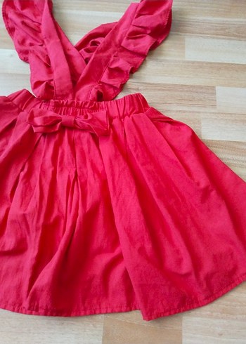 Kız Çocuk Kırmızı Keten Volanlı Elbise - Görsel 3