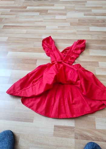 Kız Çocuk Kırmızı Keten Volanlı Elbise - Görsel 4
