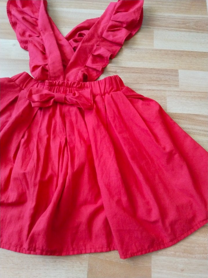 Kız Çocuk Kırmızı Keten Volanlı Elbise - Görsel 3