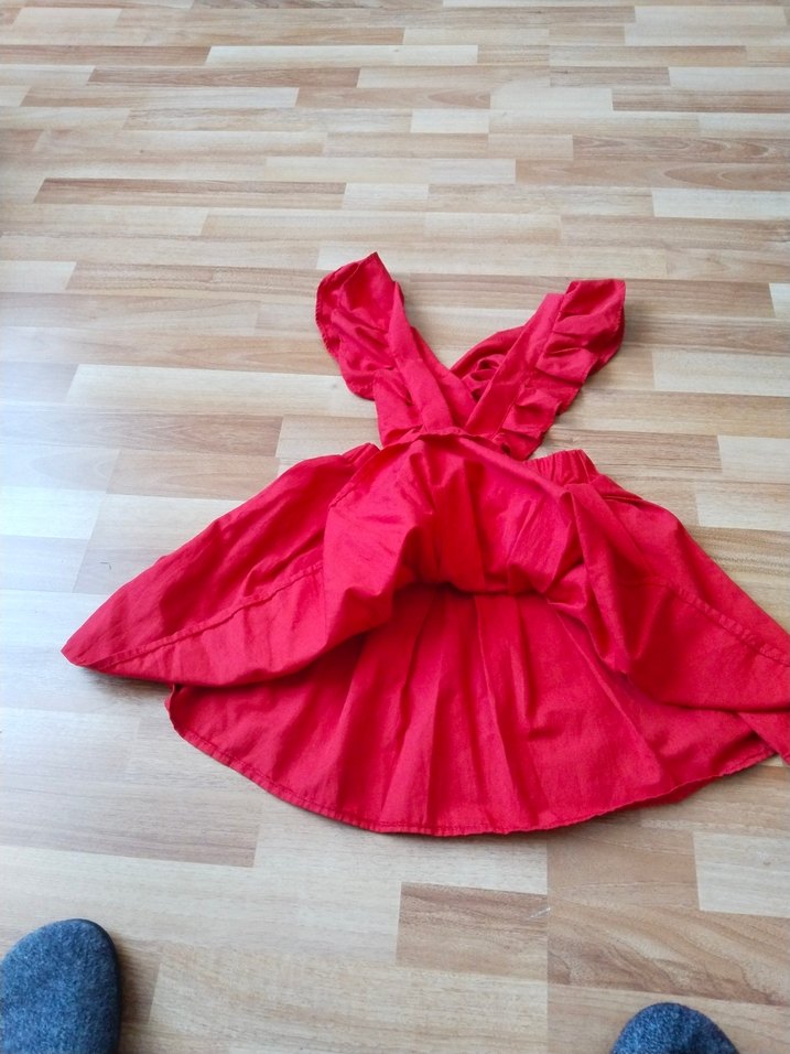 Kız Çocuk Kırmızı Keten Volanlı Elbise - Görsel 4