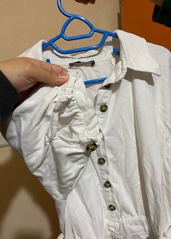 Düğmeli Beyaz Kadın Kısa Tulum - Görsel 3