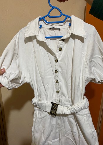 Düğmeli Beyaz Kadın Kısa Tulum - Görsel 2