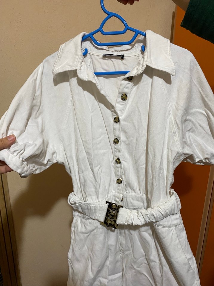 Düğmeli Beyaz Kadın Kısa Tulum - Görsel 2