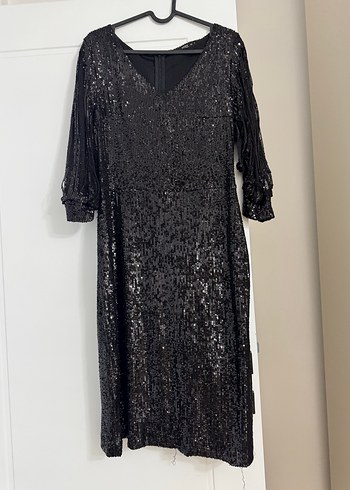 Siyah Payetli V Yaka Kadın Abiye Elbise - Görsel 5