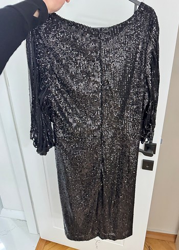 Siyah Payetli V Yaka Kadın Abiye Elbise - Görsel 6