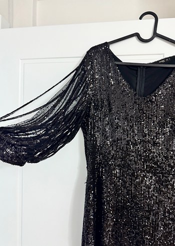 Siyah Payetli V Yaka Kadın Abiye Elbise - Görsel 3