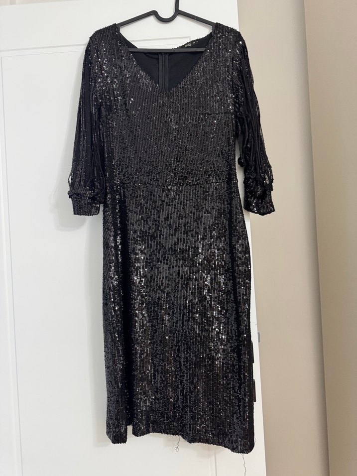 Siyah Payetli V Yaka Kadın Abiye Elbise - Görsel 5