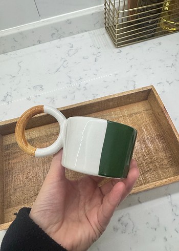 Yeşil Beyaz Seramik Fincan Ahşap Kulplu - Görsel 2