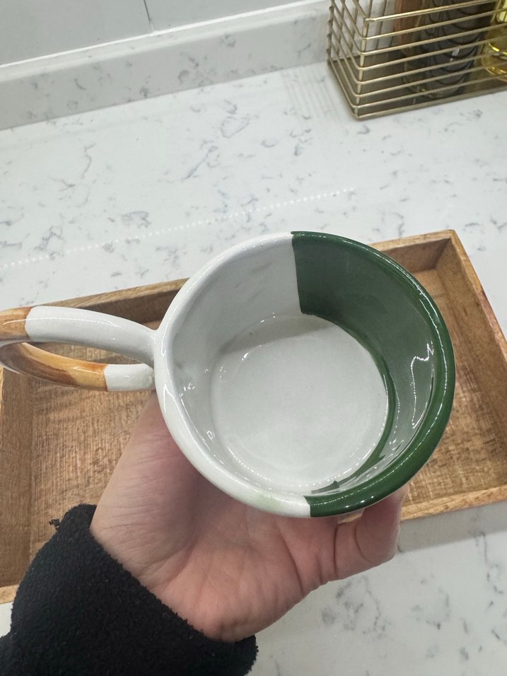 Yeşil Beyaz Seramik Fincan Ahşap Kulplu - Görsel 3