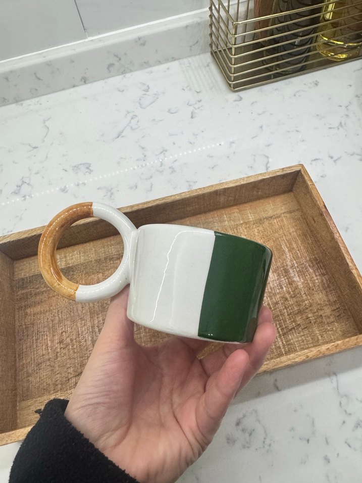 Yeşil Beyaz Seramik Fincan Ahşap Kulplu - Görsel 2