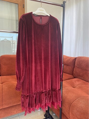 Diğer Bordo Kadife Mini Elbise