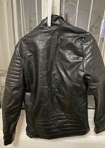 Diğer Siyah Deri Biker Ceket, Fermuarlı, Dar Kesim