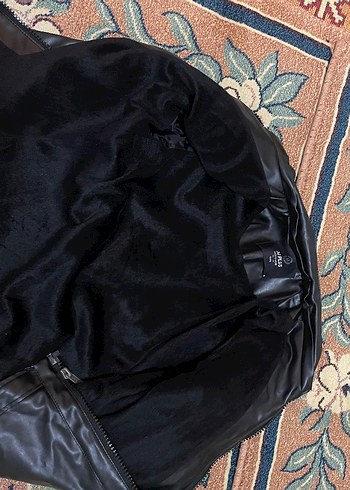 s Beden Siyah Deri Biker Ceket, Fermuarlı, Dar Kesim
