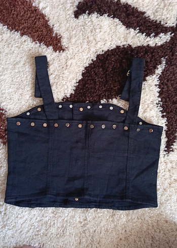 Düğmeli Siyah Denim Strappy crop - Görsel 2