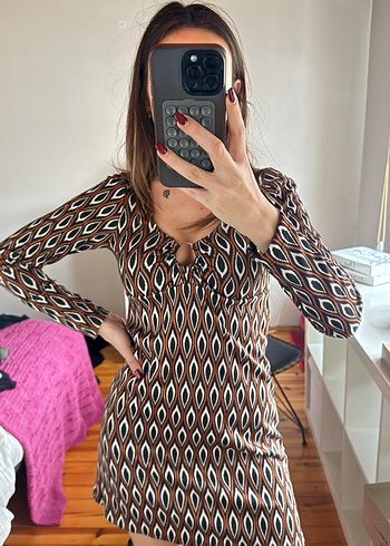 V Yaka Uzun Kollu Kahverengi Midi Triko Elbise - Görsel 3