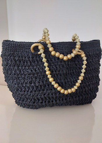 Boncuk Detaylı Siyah Örgü Kadın Çanta - Görsel 3