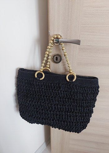 Boncuk Detaylı Siyah Örgü Kadın Çanta - Görsel 2