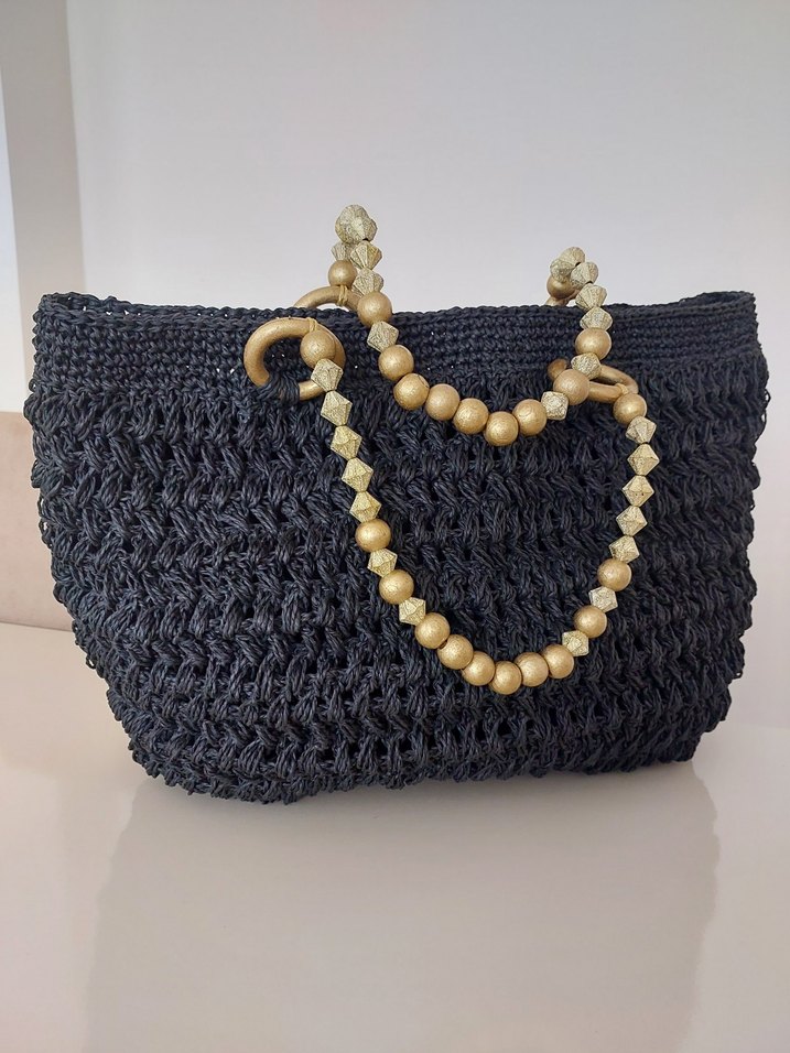 Boncuk Detaylı Siyah Örgü Kadın Çanta - Görsel 3