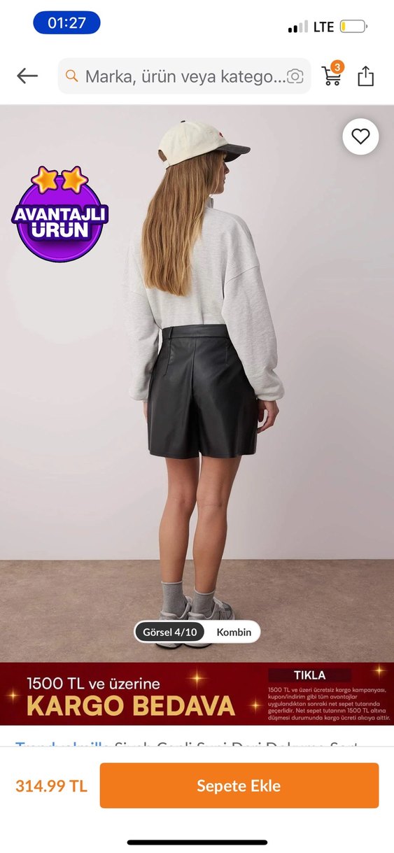 Gri Deri Mini Şort Rahat Kesim - Görsel 3