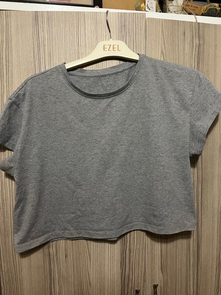 Gri Kısa Kollu Crop Top - Görsel 3