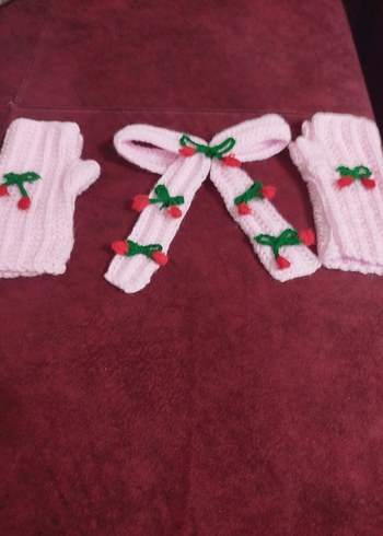 Pembe Örgü Kadın Eldiven ve Boyunluk Seti - Görsel 2