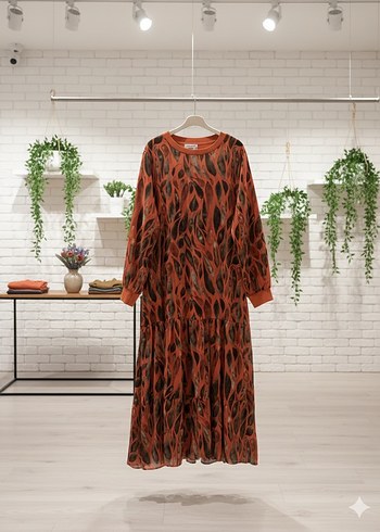 Turuncu Uzun Bağlama Desenli Salaş Elbise - Görsel 3