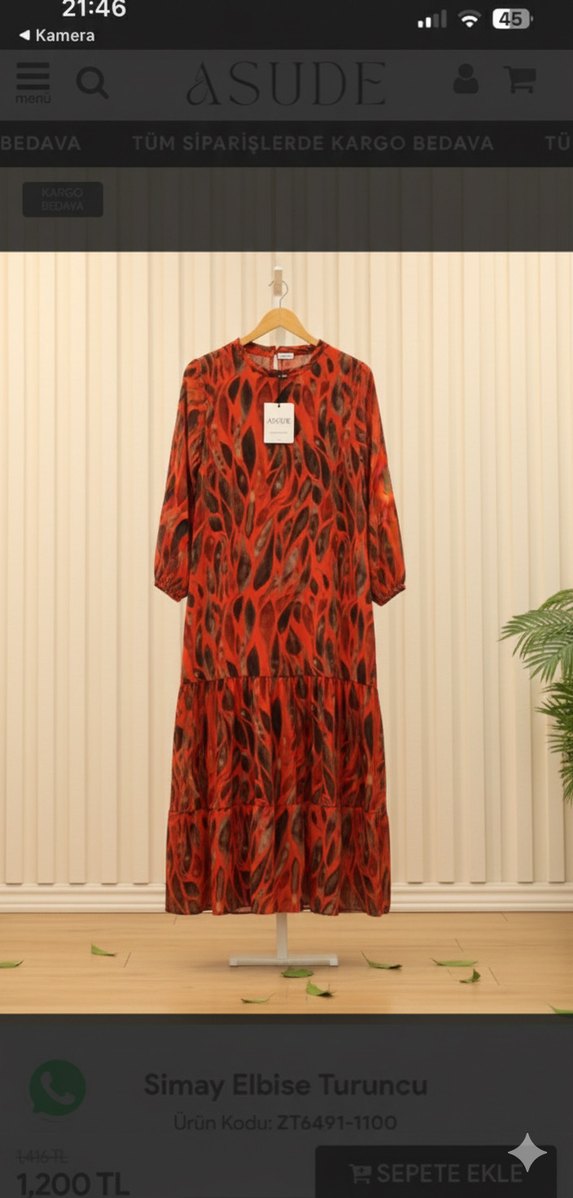 Turuncu Uzun Bağlama Desenli Salaş Elbise - Görsel 2