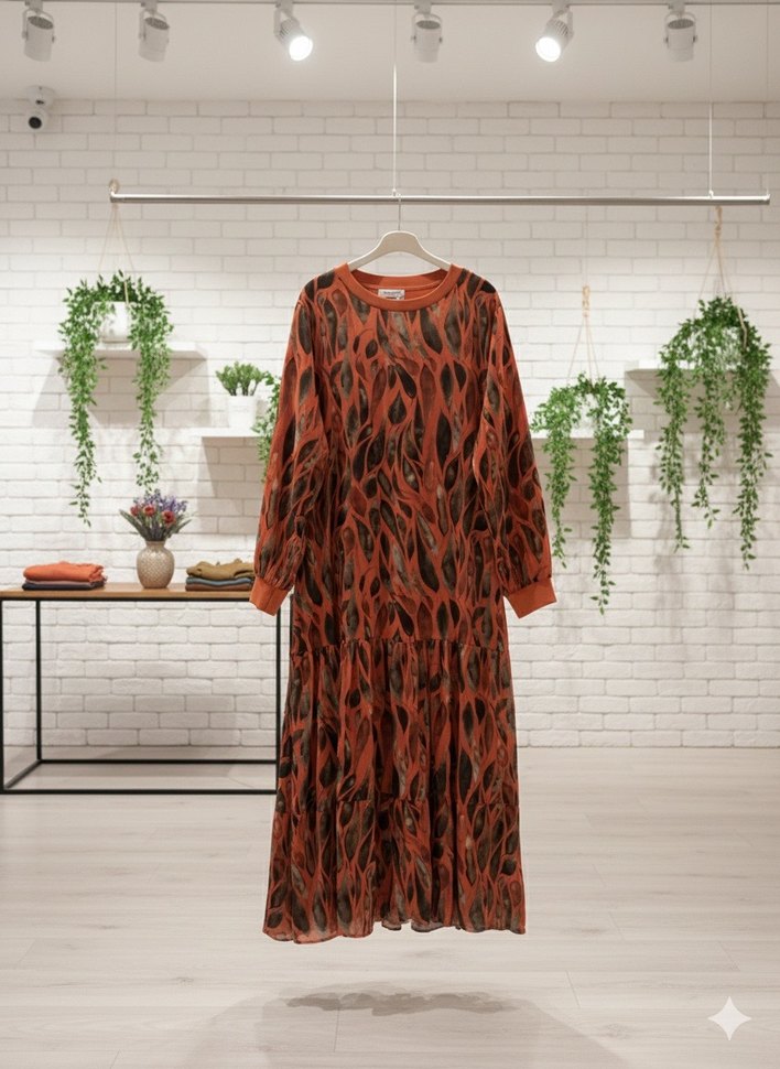 Turuncu Uzun Bağlama Desenli Salaş Elbise - Görsel 3