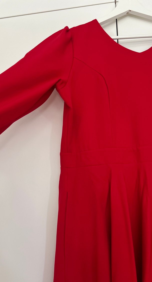 Kırmızı Uzun Kollu Drapeli Kadın Elbise - Görsel 4