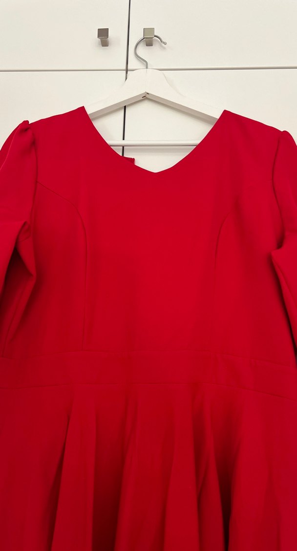 Kırmızı Uzun Kollu Drapeli Kadın Elbise - Görsel 3
