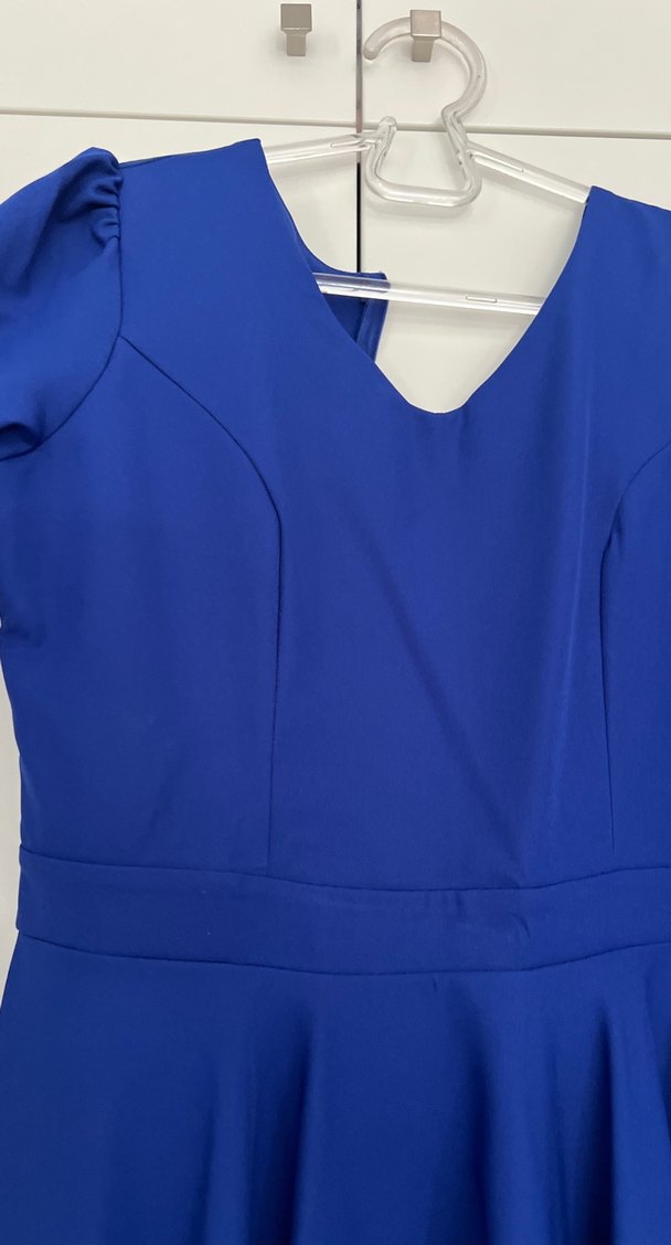 Uzun Kollu V Yakalı Mavi Kadın Elbise - Görsel 4