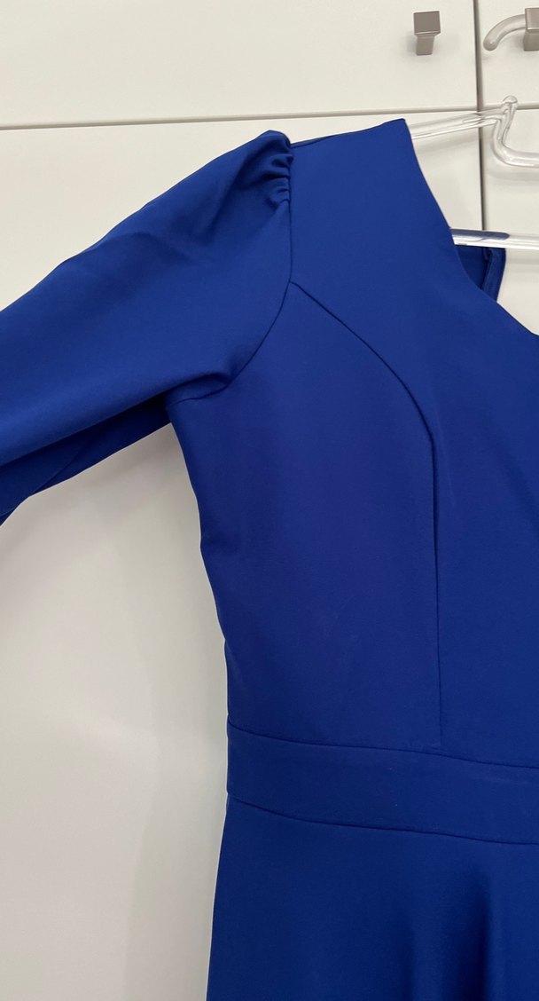 Uzun Kollu V Yakalı Mavi Kadın Elbise - Görsel 3