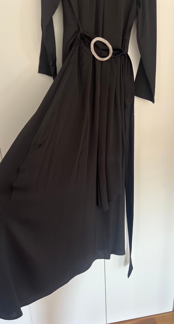 Tesettür abiye Siyah Uzun Kollu Kemerli Elbise - Görsel 2