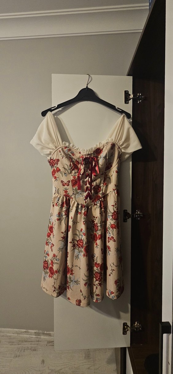 Bordo Çiçekli Vintage Midi Elbise - Görsel 2