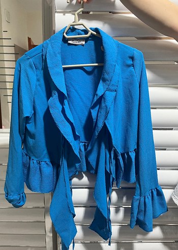 Mavi Uzun Kollu Fırfırlı Midi Ceket - Görsel 2