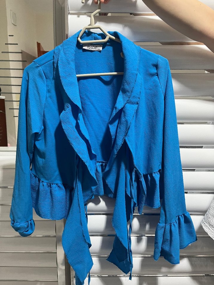 Mavi Uzun Kollu Fırfırlı Midi Ceket - Görsel 2