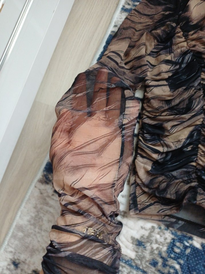 Kahverengi Kısa Kollu Salaş Keten Bluz - Görsel 3